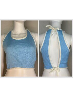 Vintage 1970s Light Blue Knit Crop Top, Open Back, Talia Fashions Size XS-Small
